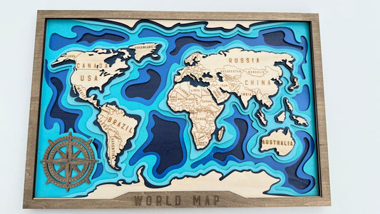 Layered Wooden World Map – Ocean Depth Edition