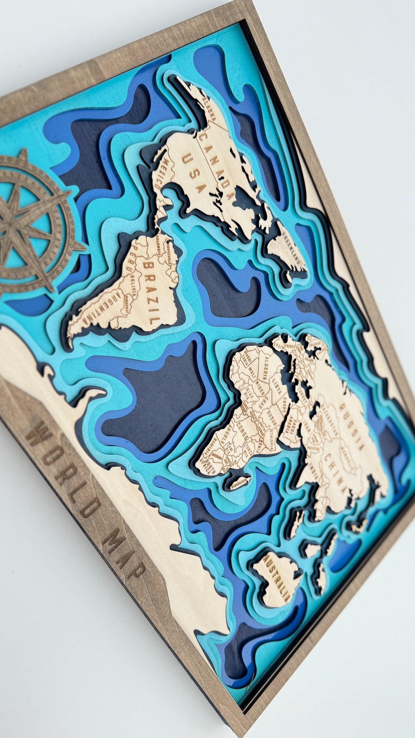 Layered Wooden World Map – Ocean Depth Edition